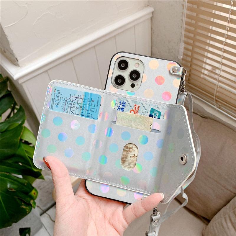 Luxury Little Dots Wallet Shoulder Strap Phone Case For iPhone 14 14Pro Max 13 12 Mini 11 Pro XSXR 7 8 Plus Leather Wallet Case with Card Holder Neck Strap Wrist Strap Pocket Cover Stevvex