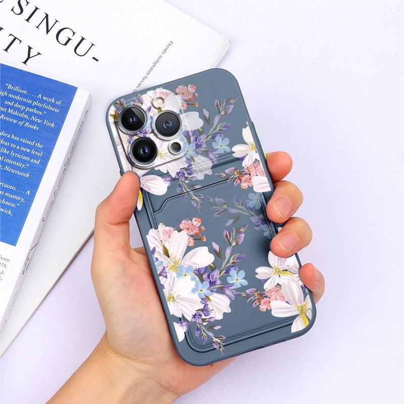 Charming Silicone Soft Anti-Scratch Cases For iPhone 13 Pro Max Case Silicone Wallet Card Holder Cover For iPhone 13 Mini 13ProMax 13Pro Flower Butterfly Beautiful Design Card Holder iPhone Case Stevvex