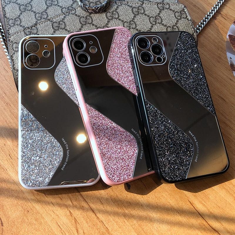 Women Luxurious Glitter Makeup Mirror Phone Case For iPhone 12 11 Pro MAX X XS XR 8 7 Plus Luxury Silicone Shockproof Cover Fixed Non Moving Sparkling Shining Glitter Stars Soft Silicone Case Stevvex