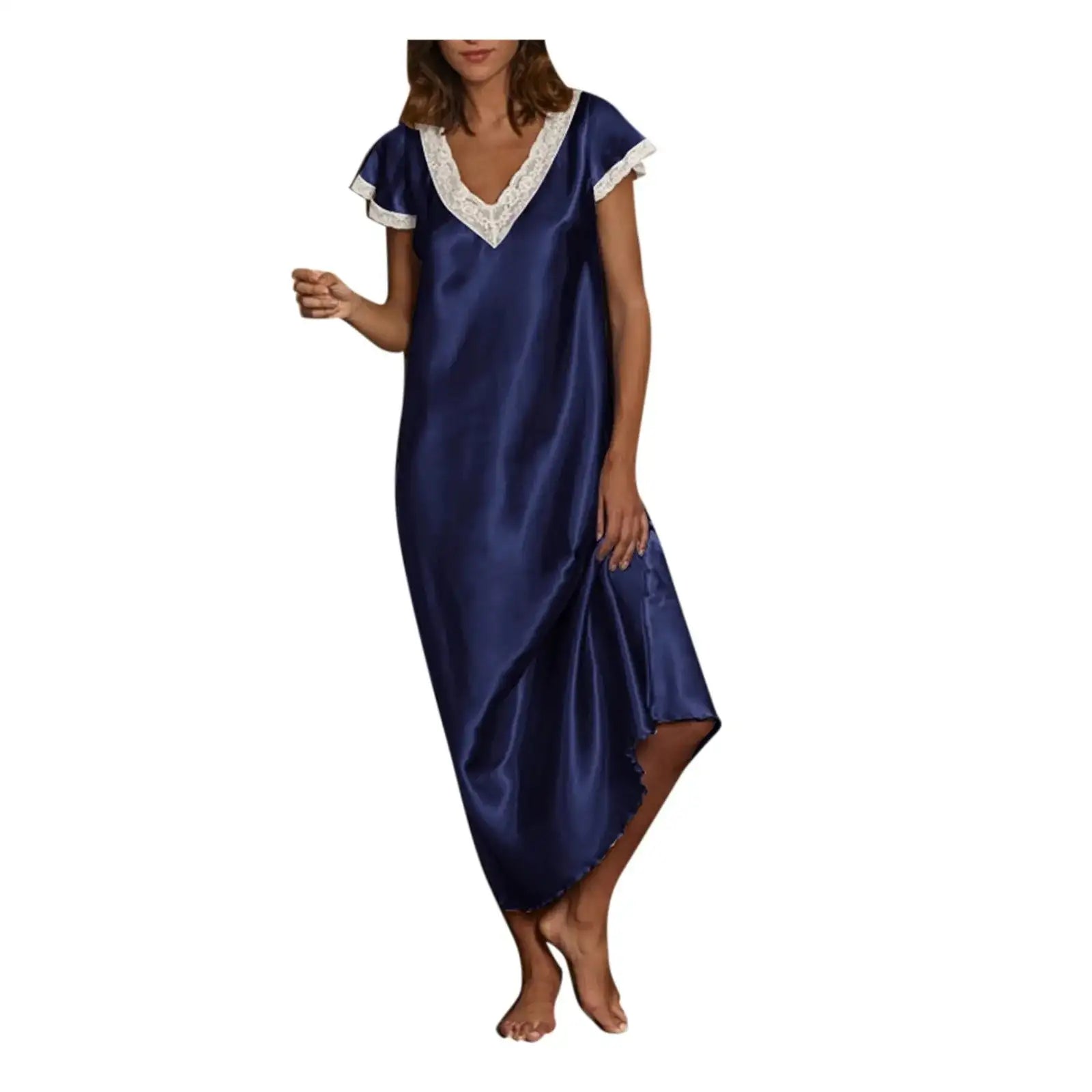 Women Summer Silk Sleepwear Short Sleeve V Neck Homewear Long Dress Nightgowns Sleepwear Sleep Tos Night Dress Underwear