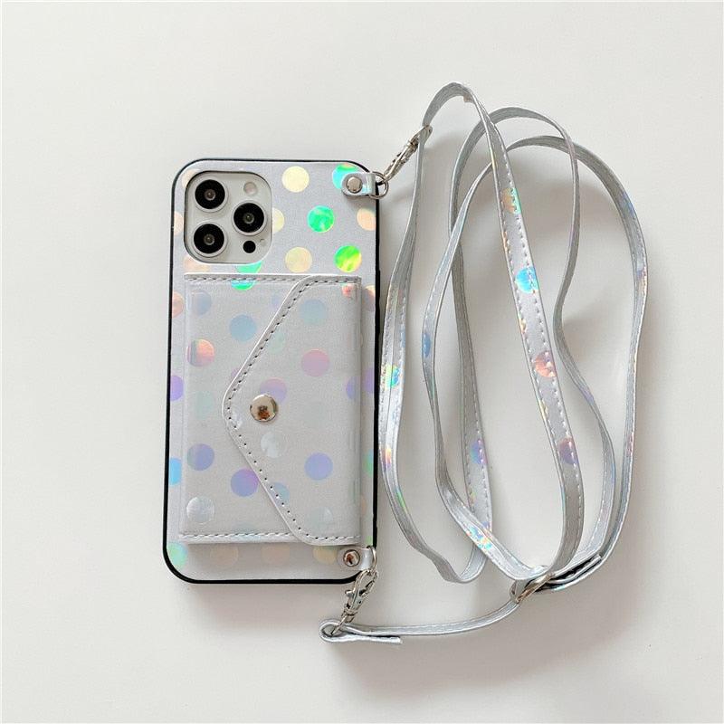 Luxury Little Dots Wallet Shoulder Strap Phone Case For iPhone 14 14Pro Max 13 12 Mini 11 Pro XSXR 7 8 Plus Leather Wallet Case with Card Holder Neck Strap Wrist Strap Pocket Cover Stevvex
