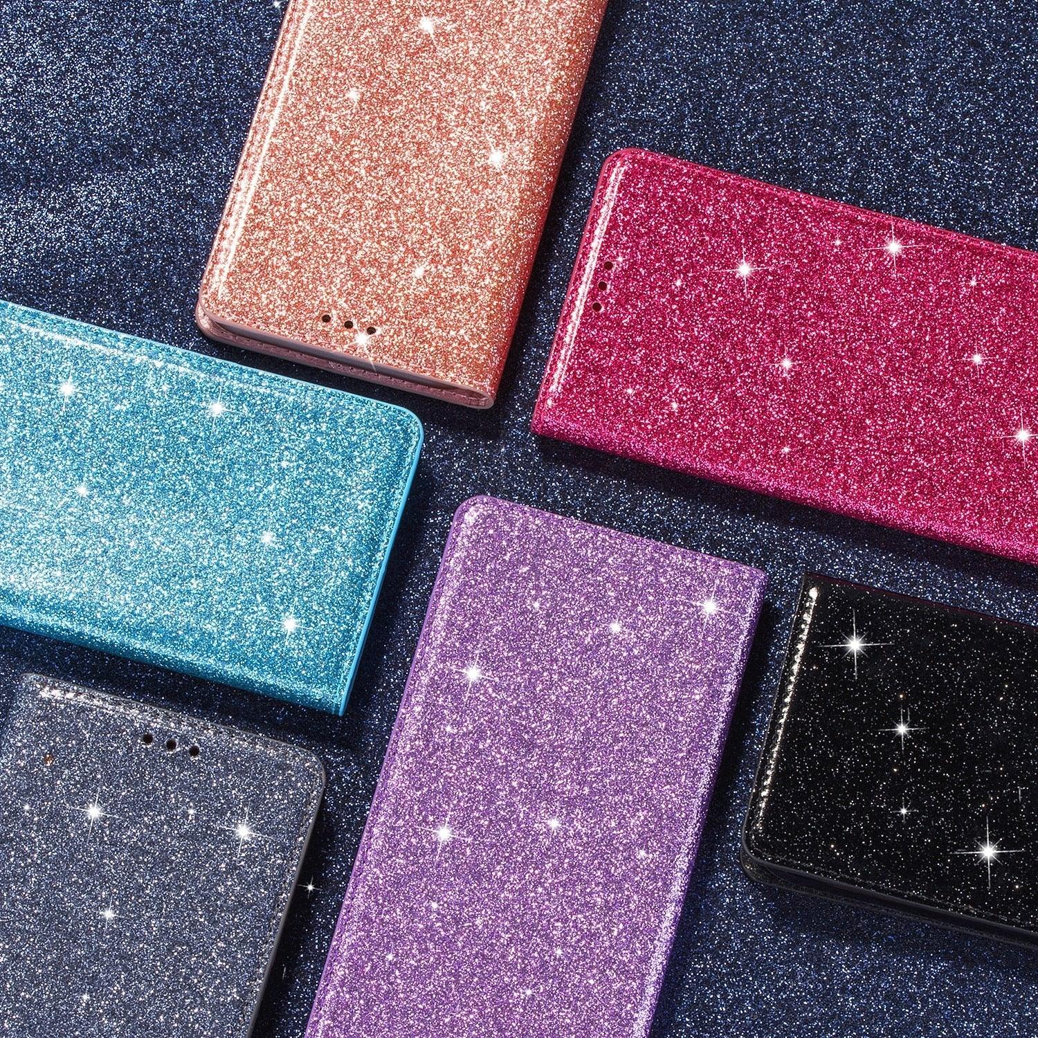 Glitter Leather Magnetic Flip Case for IPhone 14 13 11 12 Mini Pro Max Wallet Card Holder Cover Flip Shockproof Leather Wallet Case With Stand Silicone Bumper Cover Stevvex