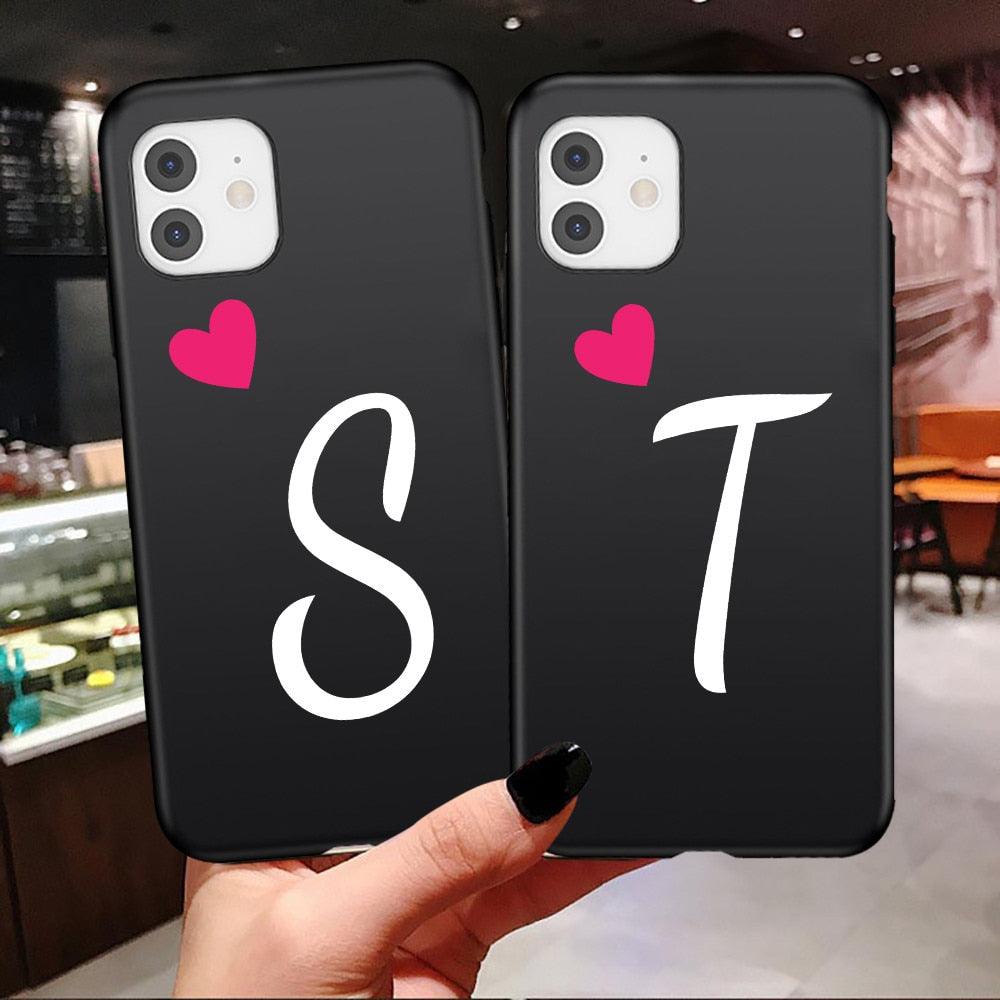 Women Elegant Black Initial Letter A-Z Love Heart Couples Phone Case For iPhone 13 12 Pro Max Mini Luxury Soft Silicone Cover Name Letter Case Stevvex