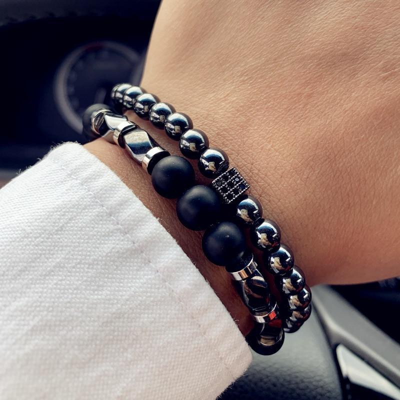 Modern New Fashion Crown And Lion Charm Elegant Bracelet For Men Classic Matte And Lava Stone Set Luxury Bracelet For Men Pave CZ Jewelry Gift - SJB-DIAMOND ELITES