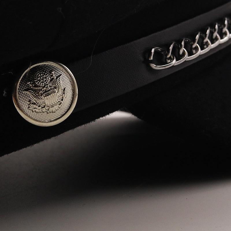 Elegant Winter Chain Black Military Berets For Women Female Flat Army Cap Women's Octagonal Beret Cap Luxury Beret Hat Girl Travel Berets Ladies Comfortable Autumn Cap Stevvex