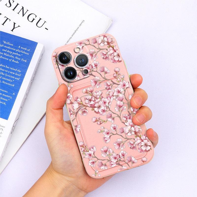 Charming Silicone Soft Anti-Scratch Cases For iPhone 13 Pro Max Case Silicone Wallet Card Holder Cover For iPhone 13 Mini 13ProMax 13Pro Flower Butterfly Beautiful Design Card Holder iPhone Case Stevvex