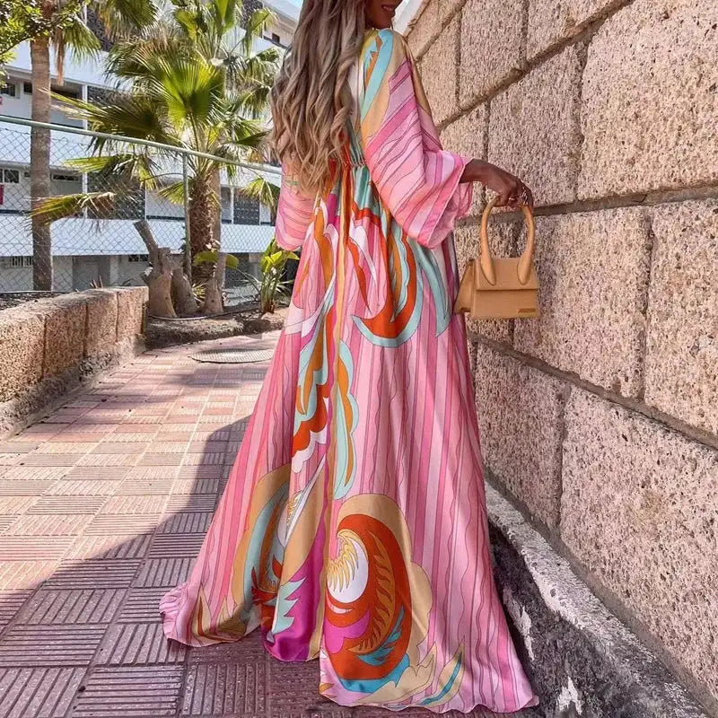 2023 Women Gorgeous Boho Print Maxi Beach Dress Summer Deep V Slit Elastic Waist Party Dress Elegant Holiday Long Dress Vestidos