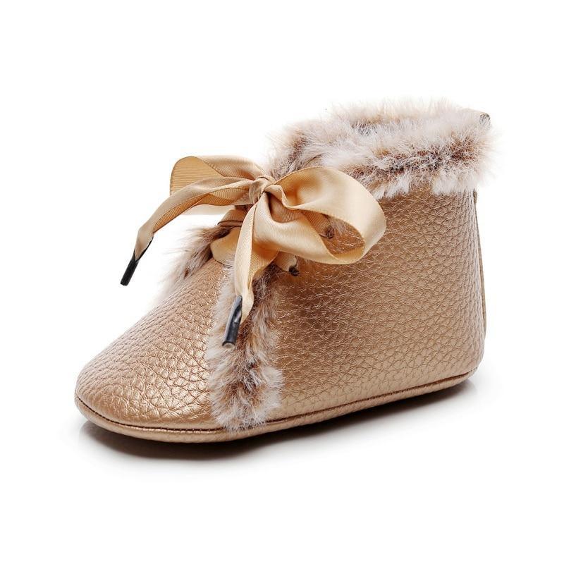 Baby PU Boots Winter Anti-slip Warm First Walkers Soft Soled Booties Toddler Bowknot Lace-up Shoes Stevvex