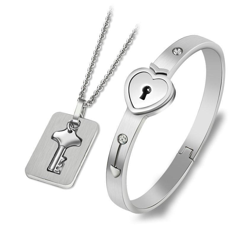 Fashion Concentric Lock Key Titanium Steel Stainless Steel Luxury Jewelry Bracelet and Necklace Couple Sets For Women - SJB-DIAMOND ELITES