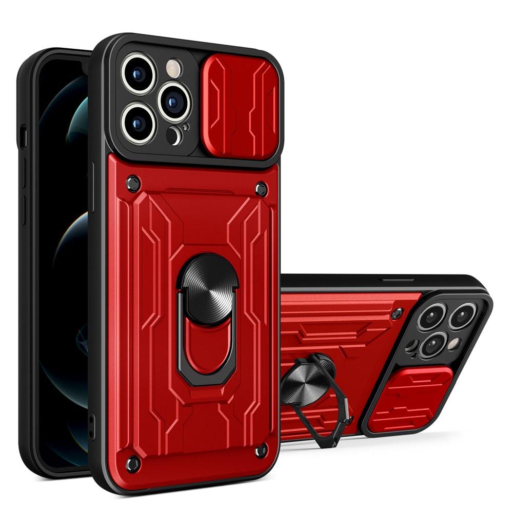 Shockproof Case for iPhone 13 12 11 Pro Max With Card Slot Ring Stand Camera Protection Phone Cover for iPhone XR XS Max Removable Card Holder Ring Holder Shockproof Protection Cover Stevvex