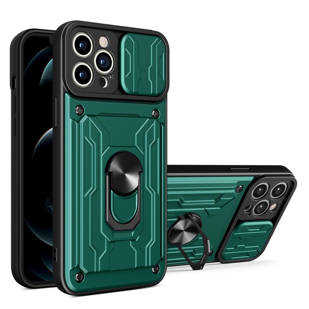 Shockproof Case for iPhone 13 12 11 Pro Max With Card Slot Ring Stand Camera Protection Phone Cover for iPhone XR XS Max Removable Card Holder Ring Holder Shockproof Protection Cover Stevvex