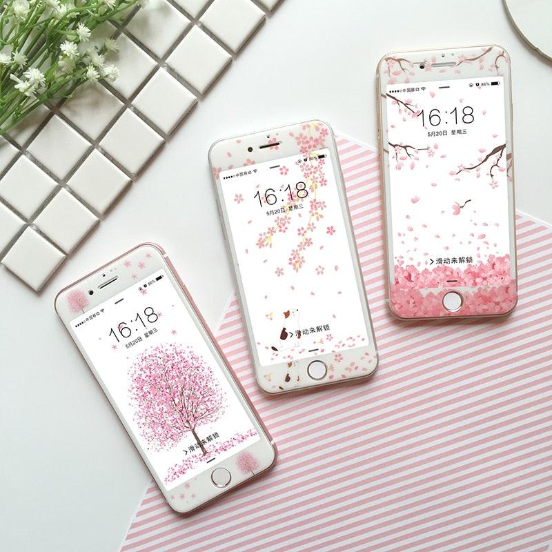 Flowers Cartoon Screen Protector For iPhone 13 12 11 Pro Max Soft Edge Tempered Glass on For iPhone XS MAX XR 7 8 PLUS Lovely Easy Installation Frame 9H Hardness Full Coverage Bubble Free Cute Lovely Cherry Blossom Design Glass For iPhone Stevvex