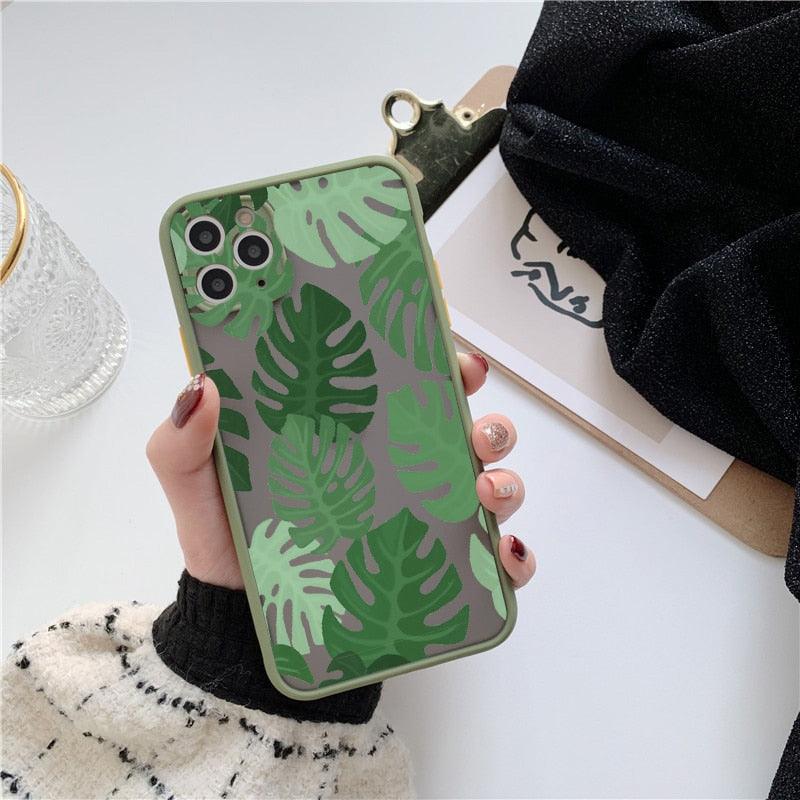 Green Leaves Plant Flower Phone Case for iphone 11 12 13 14 Pro Max Hard Back Shockproof Cover Floral Tropical Design with Slim Glossy Green Palm Leaves Pattern Case Stevvex