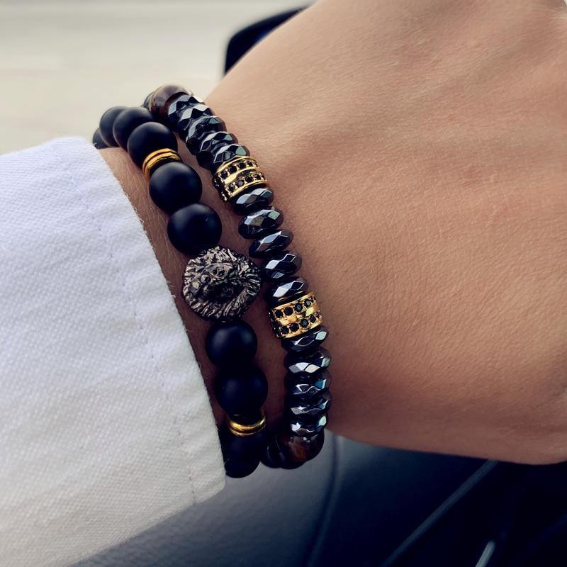 Modern New Fashion Crown And Lion Charm Elegant Bracelet For Men Classic Matte And Lava Stone Set Luxury Bracelet For Men Pave CZ Jewelry Gift - SJB-DIAMOND ELITES