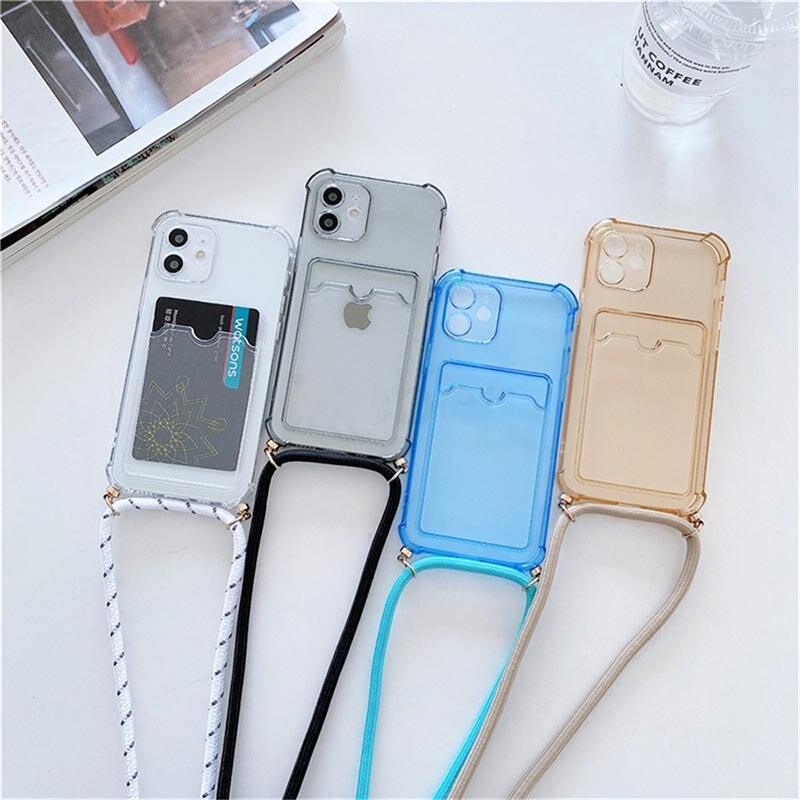 Transparent Wallet Case for iPhone 13 12 11 Pro Xs Max Shockproof Card Crossbody Lanyard Rope Strap Cover Transparent Soft Case Necklace Phone Cover Colorful Case & Adjustable Strap Stevvex