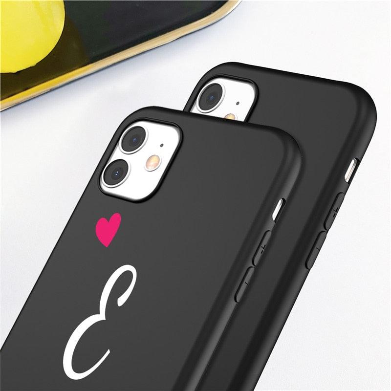 Women Elegant Black Initial Letter A-Z Love Heart Couples Phone Case For iPhone 13 12 Pro Max Mini Luxury Soft Silicone Cover Name Letter Case Stevvex