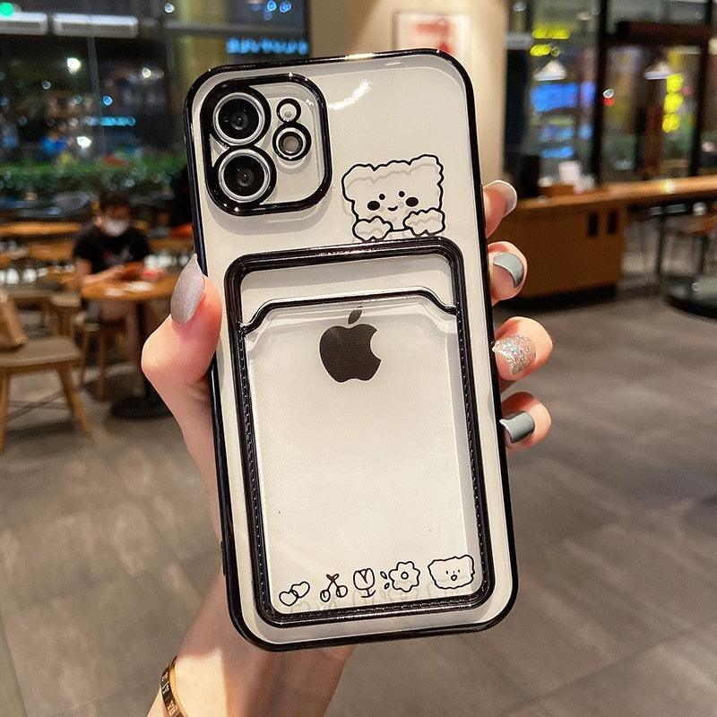 Ultra-light Transparent Photo Card Pocket Wallet Case For iPhone 13 11 12 14 Pro Max XS XR X 8 7 6S Plus Plating Cute Bear Rabbit Soft Phone Cover Cute Case with Card Holder Soft Cover Stevvex