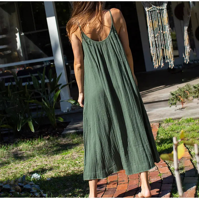 Casual 100% Cotton Summer Women's Long Dress Loose Solid Sleeveless Backless Streetwear Elegant  Female Dress Vestidos Robe Lootquake LLC