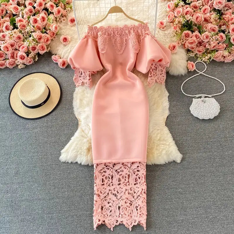 Sexy Hollow Out Lace Bodycon Long Dress Women Elegant Red/Pink/White Off Shoulder Patchwork Maxi Party Vestidos 2021 Autumn New