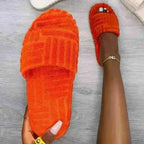 Flat Furry Women Slides Thick Sole Open Toe Slippers Orange