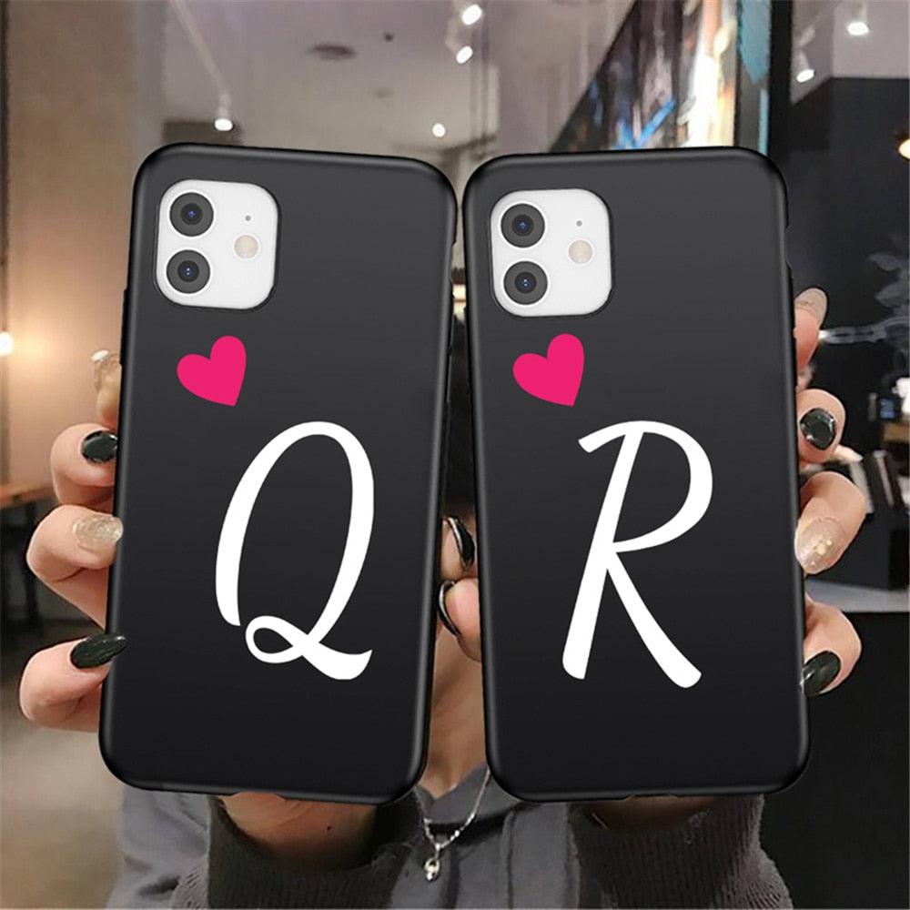 Women Elegant Black Initial Letter A-Z Love Heart Couples Phone Case For iPhone 13 12 Pro Max Mini Luxury Soft Silicone Cover Name Letter Case Stevvex