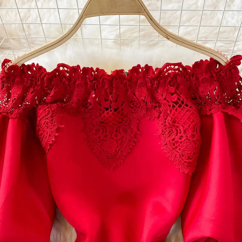 Sexy Hollow Out Lace Bodycon Long Dress Women Elegant Red/Pink/White Off Shoulder Patchwork Maxi Party Vestidos 2021 Autumn New