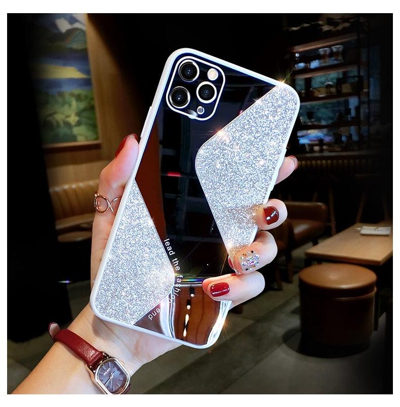 Women Luxurious Glitter Makeup Mirror Phone Case For iPhone 12 11 Pro MAX X XS XR 8 7 Plus Luxury Silicone Shockproof Cover Fixed Non Moving Sparkling Shining Glitter Stars Soft Silicone Case Stevvex