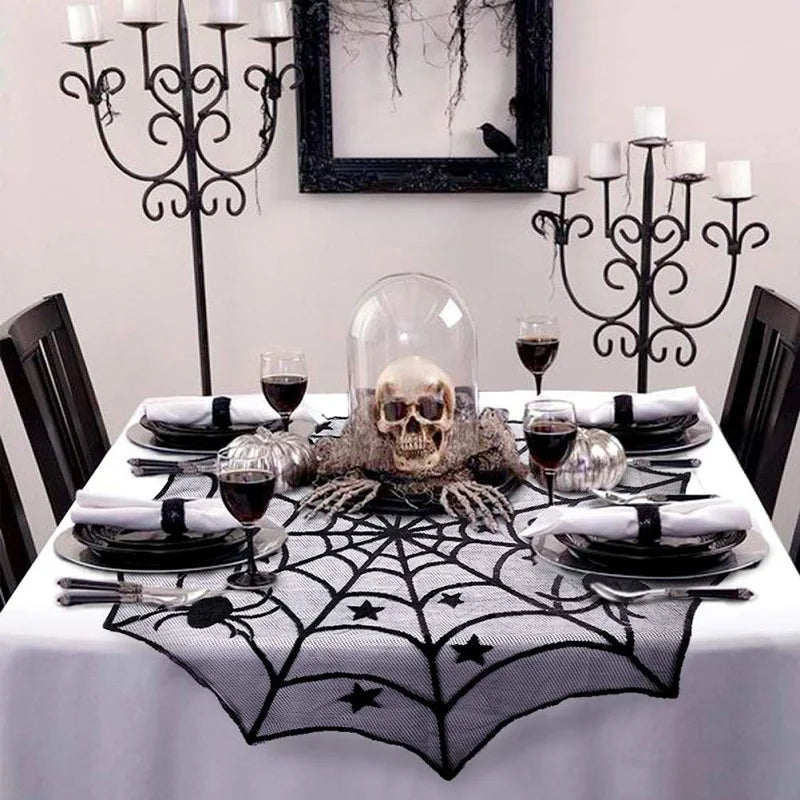Halloween Decoration Lace Spider Web Skeleton Skull Tablecloth Black Fireplace Mantel Scarf Event Party Decoration Supplies Lootquake LLC