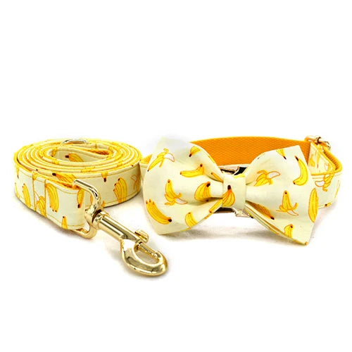 Free Engrave Personalized Banana Design Bow Dog Collar Leash Traction Rope For Small Big  Adjustable Pet Straps Fruit 02 Lootquake LLC