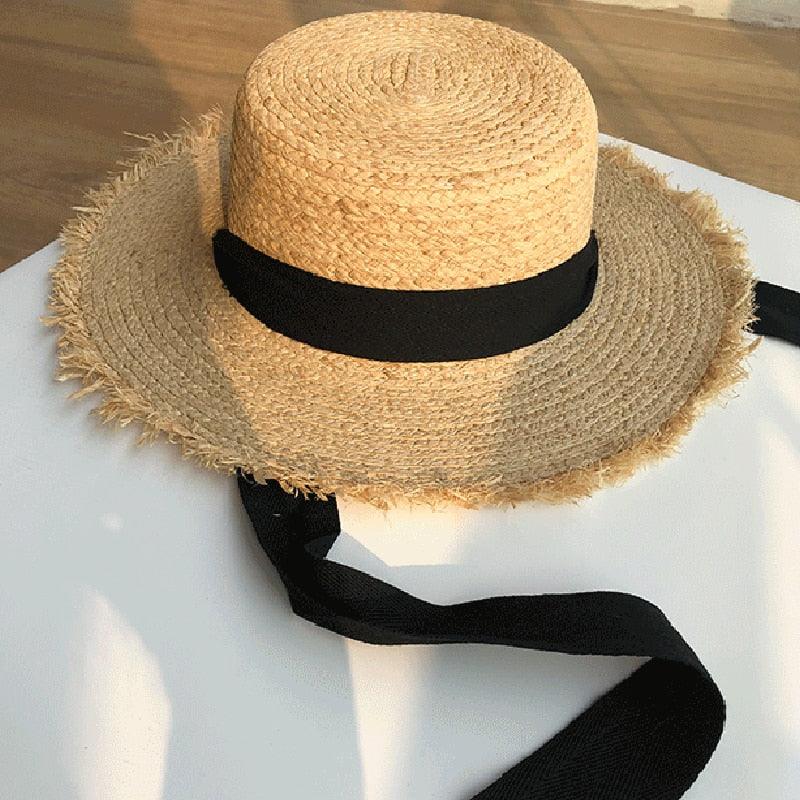 Vintage Straw Hat Women Wide Sun Protection Beach Hat Black And White Ribbon Bowknot Cute Design Straw Cap Women Elegant Summer Hat Beach Fedoras Casual Ladies Flat Top Hat Stevvex