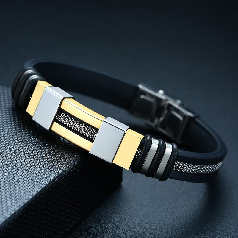 Stainless Steel Bracelet Men Wrist Band Black Grooved Rudder Silicone Mesh Link Insert Punk Wristband Stylish Casual Bangle Cool Gift - SJB-DIAMOND ELITES