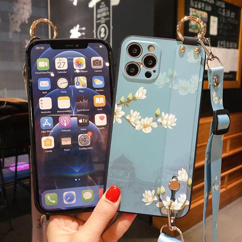 Ultra Luxury Case Cute Flower Design with Ring Kickstand Soft Crossbody Phone Cover for iPhone 13 14 Pro Max Case Fashion Crossbody Shoulder Strap Flower Leaf Phone Holder Cover for iPhone 12 11 X XR XS 7 8 Plus Stevvex