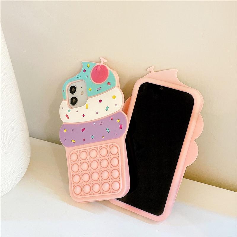 3D Delicious Cherry Ice Cream Silicone Phone Case For iphone 13 12 11 Pro Max Xs Xr 7 8 Plus X Se finger bubble game soft cover 3D Cartoon Cupcake Shape Soft Silicone Full Protection Shockproof Case Stevvex