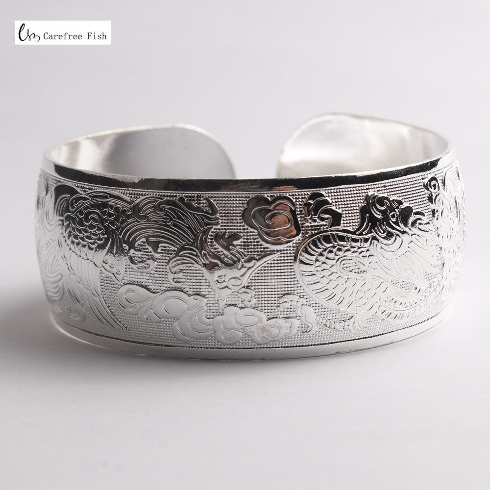 Big Elegant Luxury Amazing Classic Fashion Flower Metal Tibetan Indian Silver Vintage Retro Fashion Cuff Bracelet Bangle For Woman With Details of Animals - SJB-DIAMOND ELITES