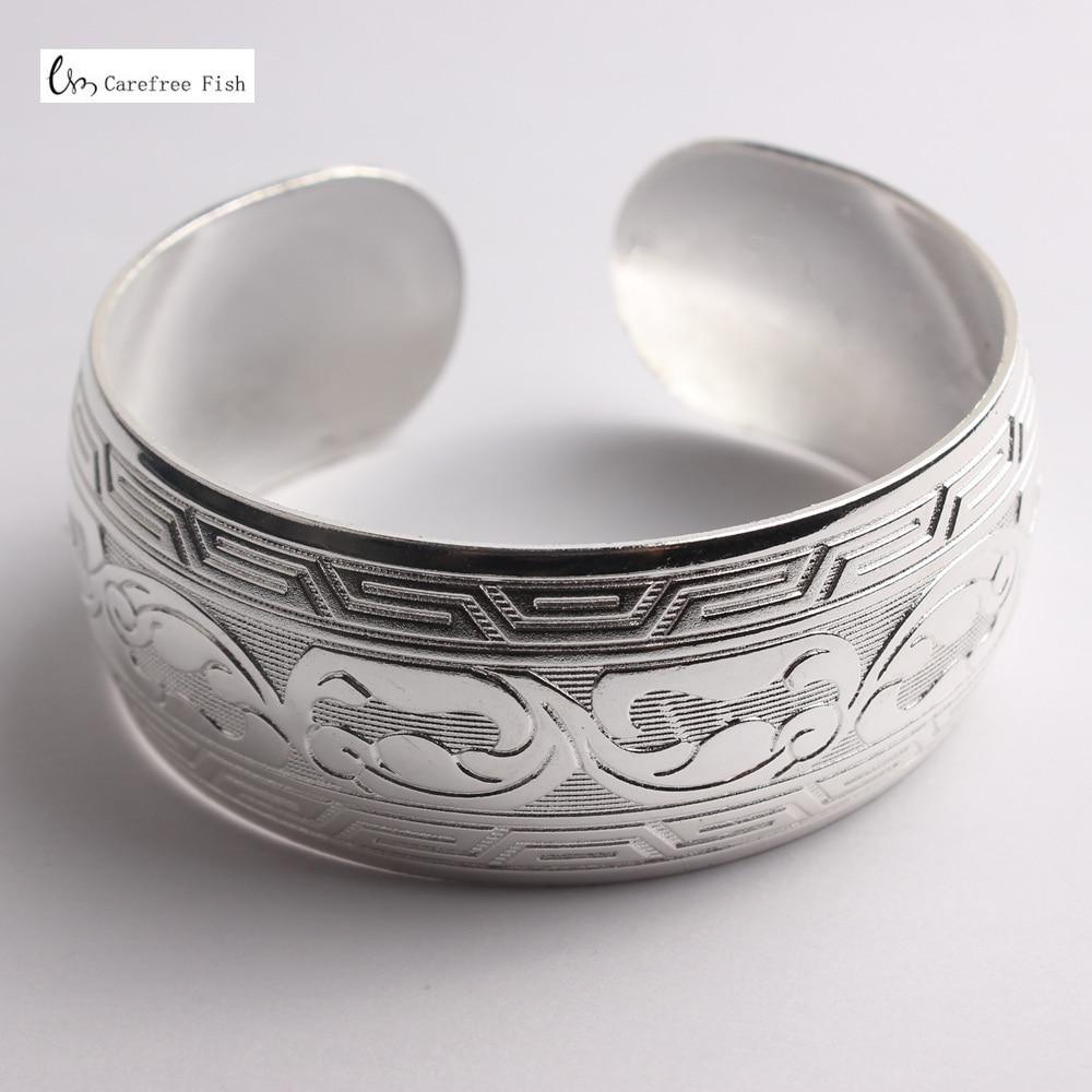 Big Elegant Luxury Amazing Classic Fashion Flower Metal Tibetan Indian Silver Vintage Retro Fashion Cuff Bracelet Bangle For Woman With Details of Animals - SJB-DIAMOND ELITES