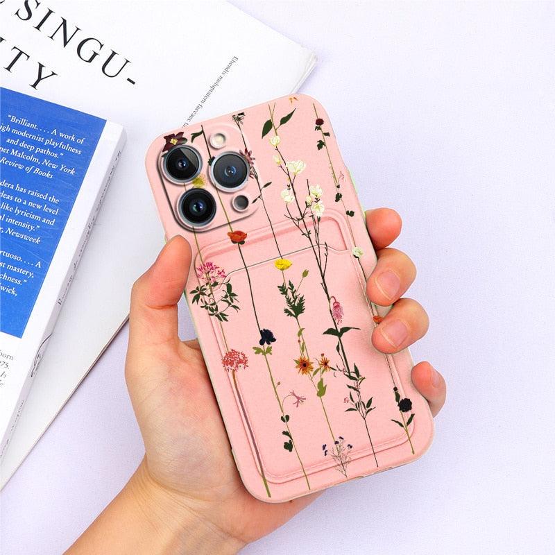Charming Silicone Soft Anti-Scratch Cases For iPhone 13 Pro Max Case Silicone Wallet Card Holder Cover For iPhone 13 Mini 13ProMax 13Pro Flower Butterfly Beautiful Design Card Holder iPhone Case Stevvex