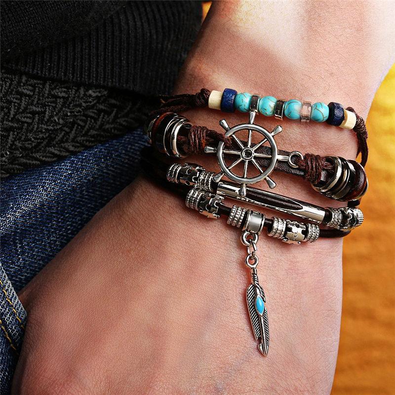 BOHO Tibet Stone Feather Multilayer Leather Bracelet Eye Fish Charms Beads Bracelets For Men Vintage Punk Wrap Wristband Cool Jewelry - SJB-DIAMOND ELITES