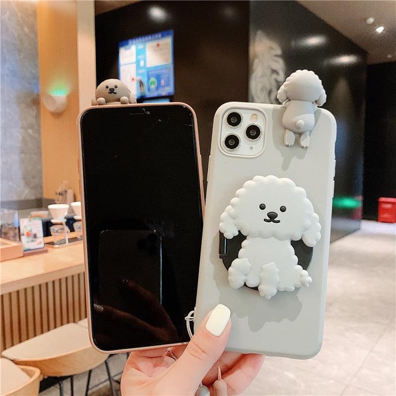 3D Cute Cartoon Dog Mirror Stand Phone Case For Iphone 13 Pro Max 12 11 Xr X Xs Max 5 6 7plus 8 Plus With Lanyard Cover Soft Durable Silicone Drop Protection Cover For Iphone Stevvex