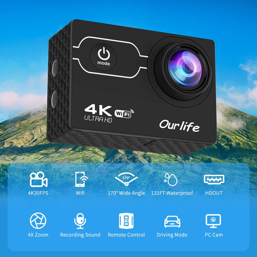 Ourlife hot selling 4K 30fps 1080P 60fps remote control sports action camera with three batteries for bicycle