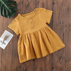 Kids Summer Cotton Linen Dress with Plain Short sleeve  Party A-line dress For Small Girls 1-3 Years