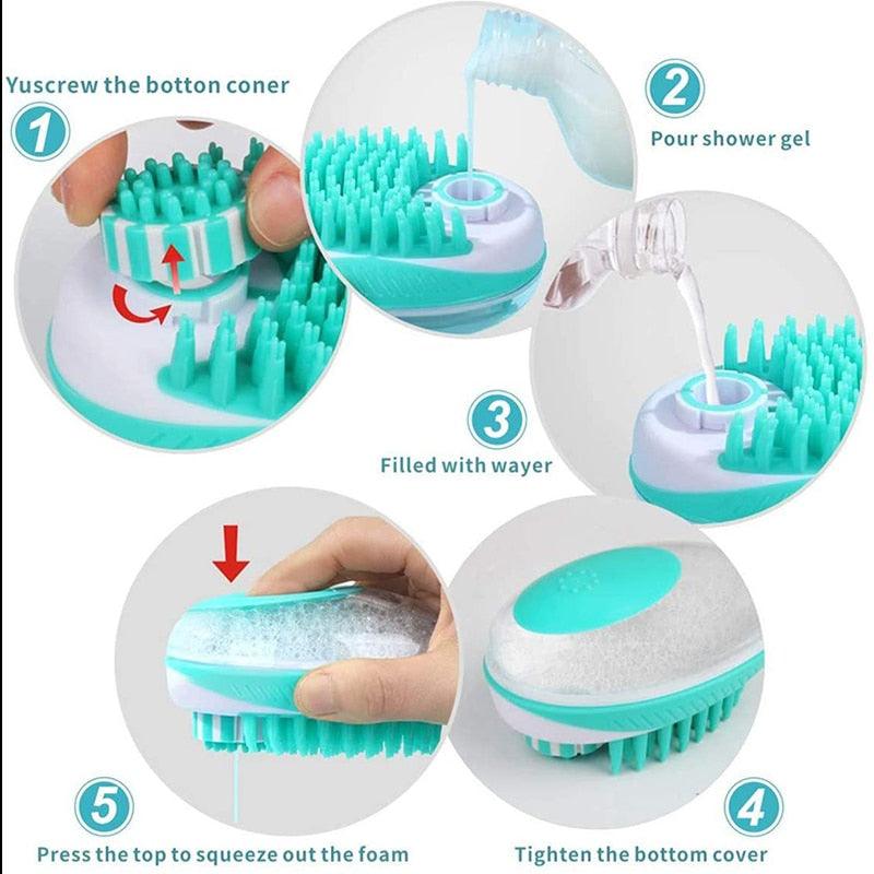 Pet Dog Cat Bath Brush 2-in-1 Pet  Massage Comb Soft Silicone Pet Shower Hair Grooming Comb Dog Cleaning Tool Pet Supplies Pet Brush Bath Massage Brush Shampoo Dispenser for Pet Stevvex