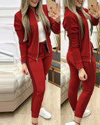 Leisure Sports Zipper Top Coat Pants 2 Two Pieces Sets