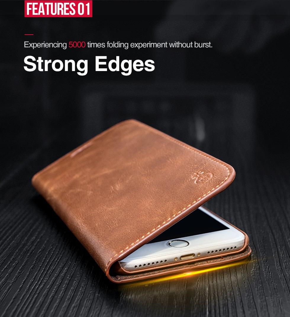 Brown Genuine Leather Flip Case For iPhone Luxury Wallet Card Cover For iPhone 14 13 Leather iPhone Case Kickstand Card Holder Flip Leather Wallet Phone Case Stevvex