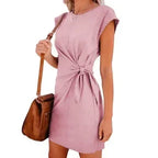 Dress Women Summer O-neck Short Sleeve Asymmetrical Lace Up Waist Solid Color Dresses 2022 Casual Vestidos Dropshipping JQMY9675