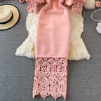 Sexy Hollow Out Lace Bodycon Long Dress Women Elegant Red/Pink/White Off Shoulder Patchwork Maxi Party Vestidos 2021 Autumn New