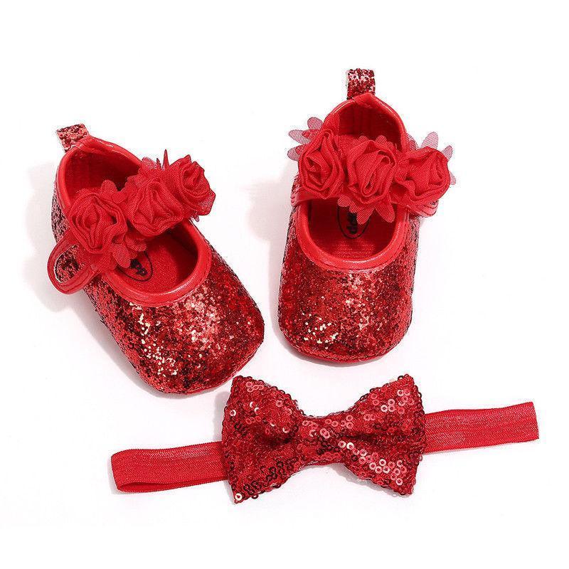 Cute Sparkly Baby Bowknot Non-Slip Sole Baby Girls Shoes Newborn Princess First Walkers Hairband Baby Party Shoes Stevvex