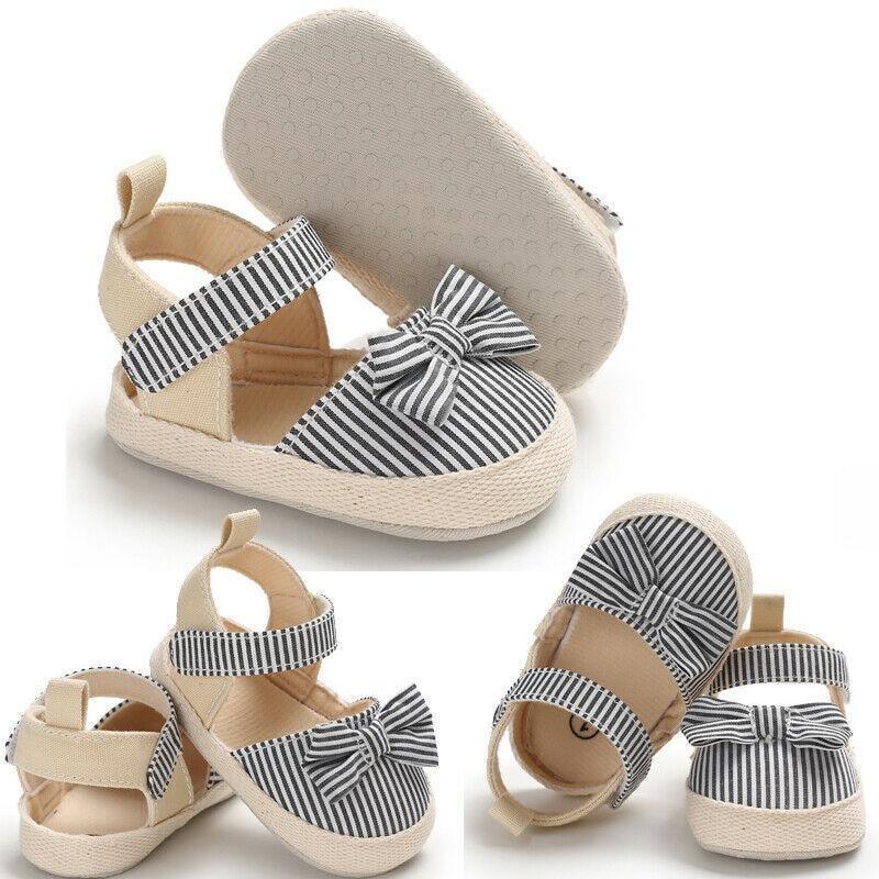 Newborn Baby Girl Striped Bow Sandals Soft Shoes Infants Anti-Slip Sneaker New Fashion Clogs 0-18M Stevvex