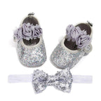 Cute Sparkly Baby Bowknot Non-Slip Sole Baby Girls Shoes Newborn Princess First Walkers Hairband Baby Party Shoes Stevvex