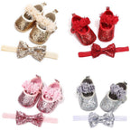 Cute Sparkly Baby Bowknot Non-Slip Sole Baby Girls Shoes Newborn Princess First Walkers Hairband Baby Party Shoes Stevvex