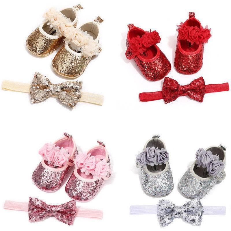 Cute Sparkly Baby Bowknot Non-Slip Sole Baby Girls Shoes Newborn Princess First Walkers Hairband Baby Party Shoes Stevvex